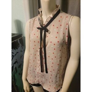 Sleeveless Ruffle Collar Blush Chiffon Neck Tie Kitty Cat Print Blue Rain Sz M